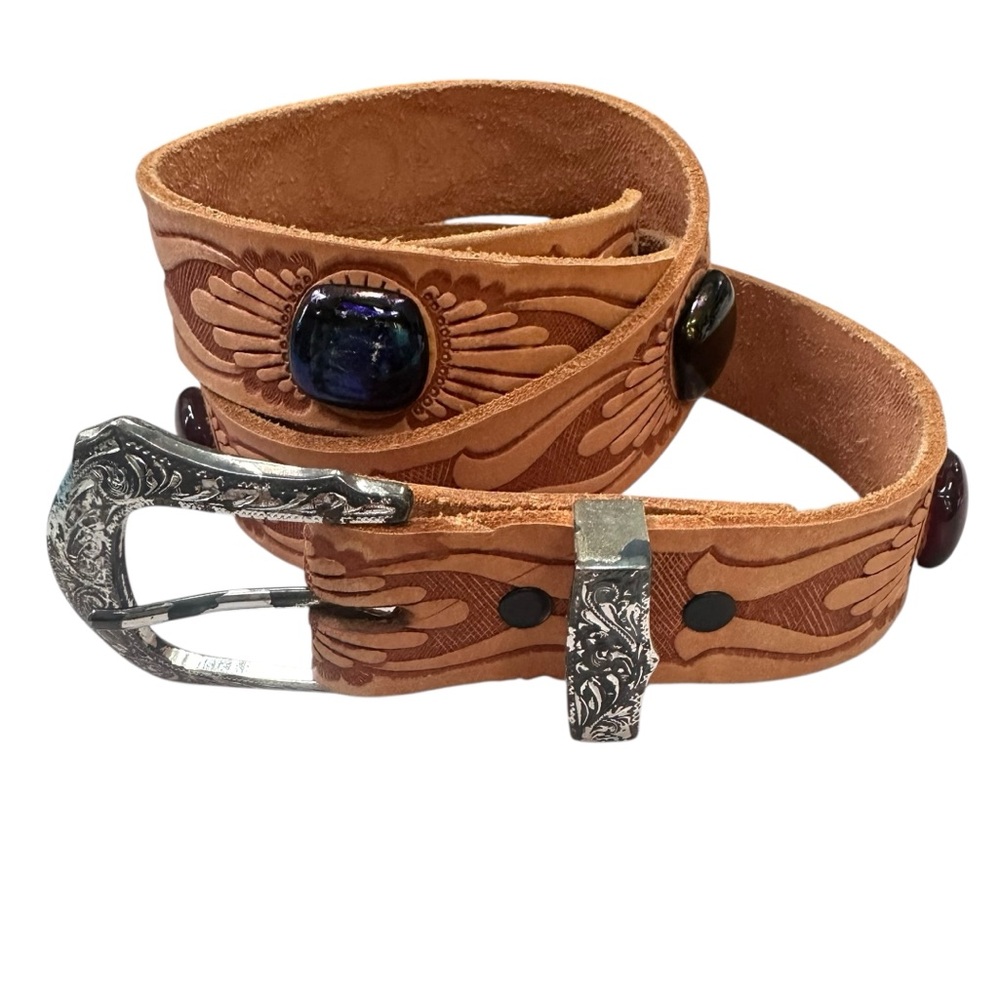 Custom Tooled Leather & Dichroic Glass Belt size L XL